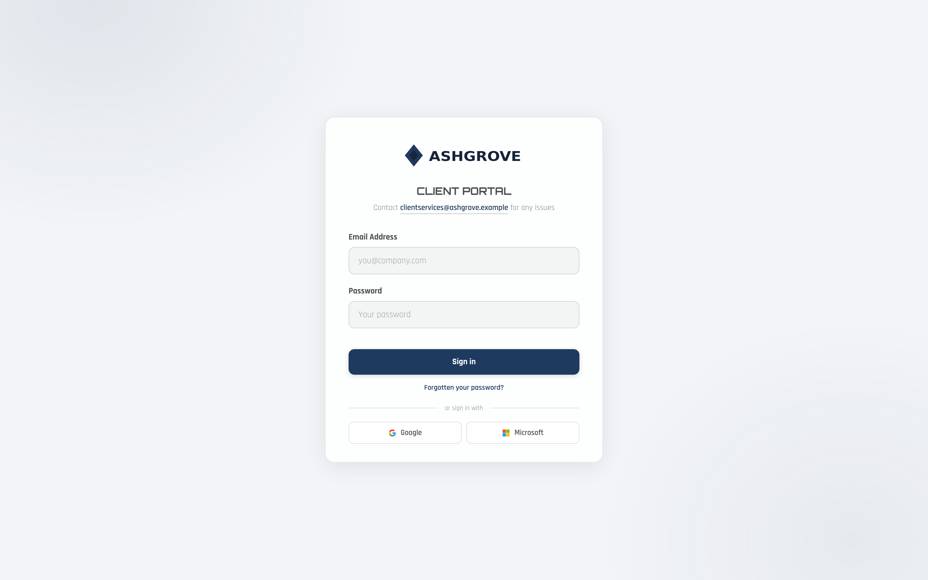 A fourth firm’s sign-in page, in a deliberately quiet corporate palette.
