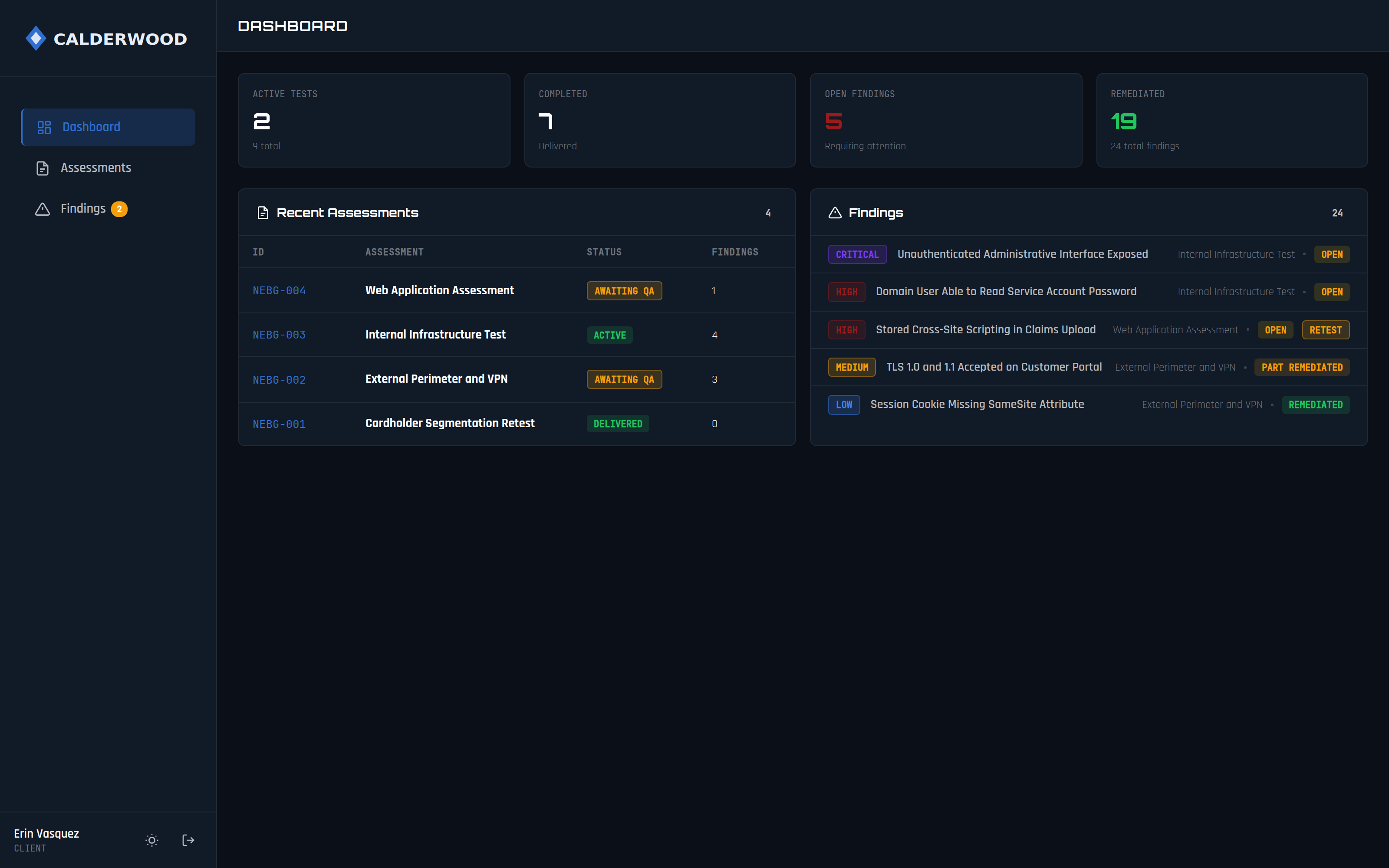 A client’s view of the same portal: their assessments, their open findings and their remediation progress.