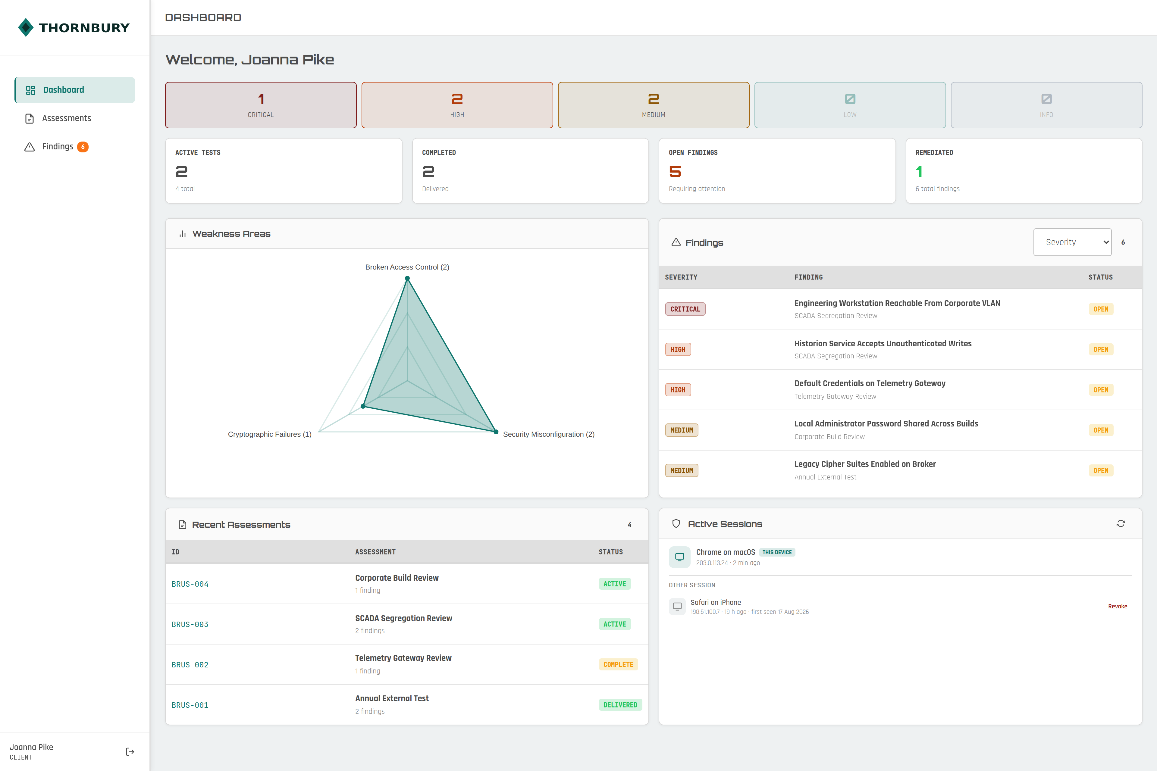 A utilities client reading its own assessments inside the second firm’s portal.