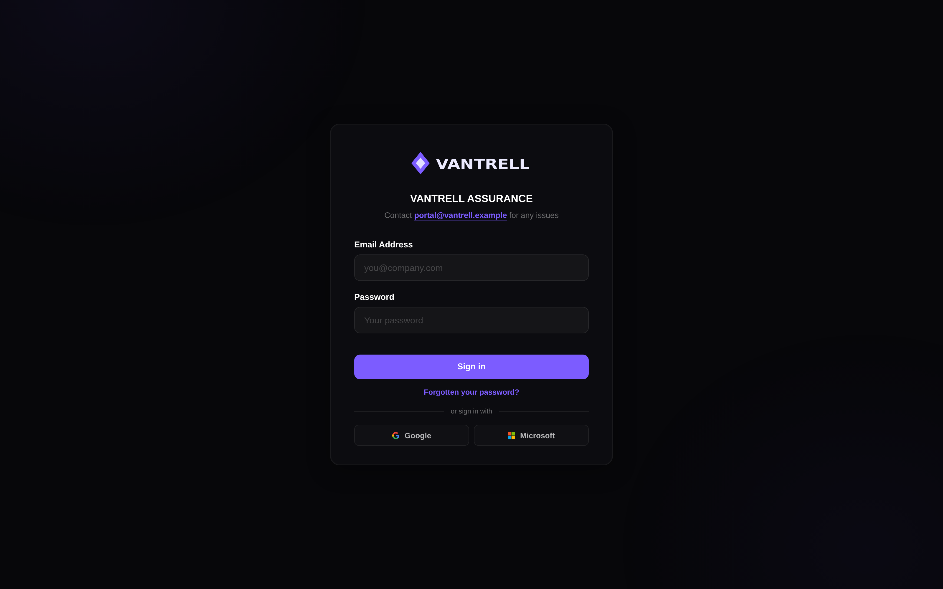 A third firm’s sign-in page, near-black with a violet accent.